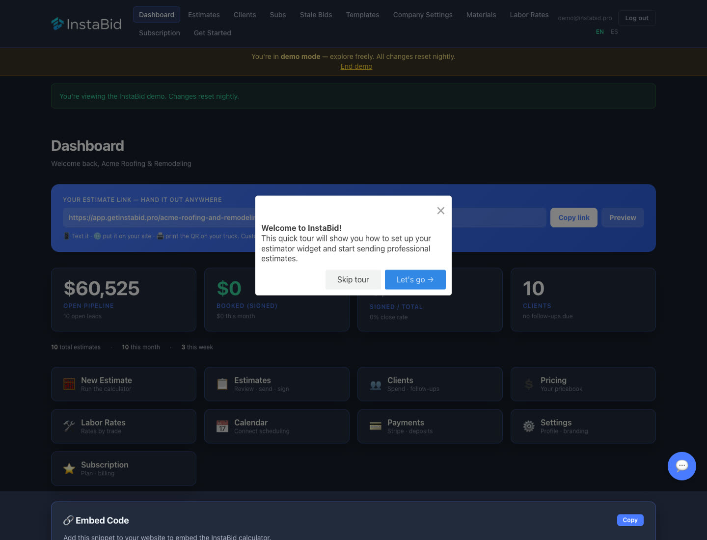 The InstaBid dashboard