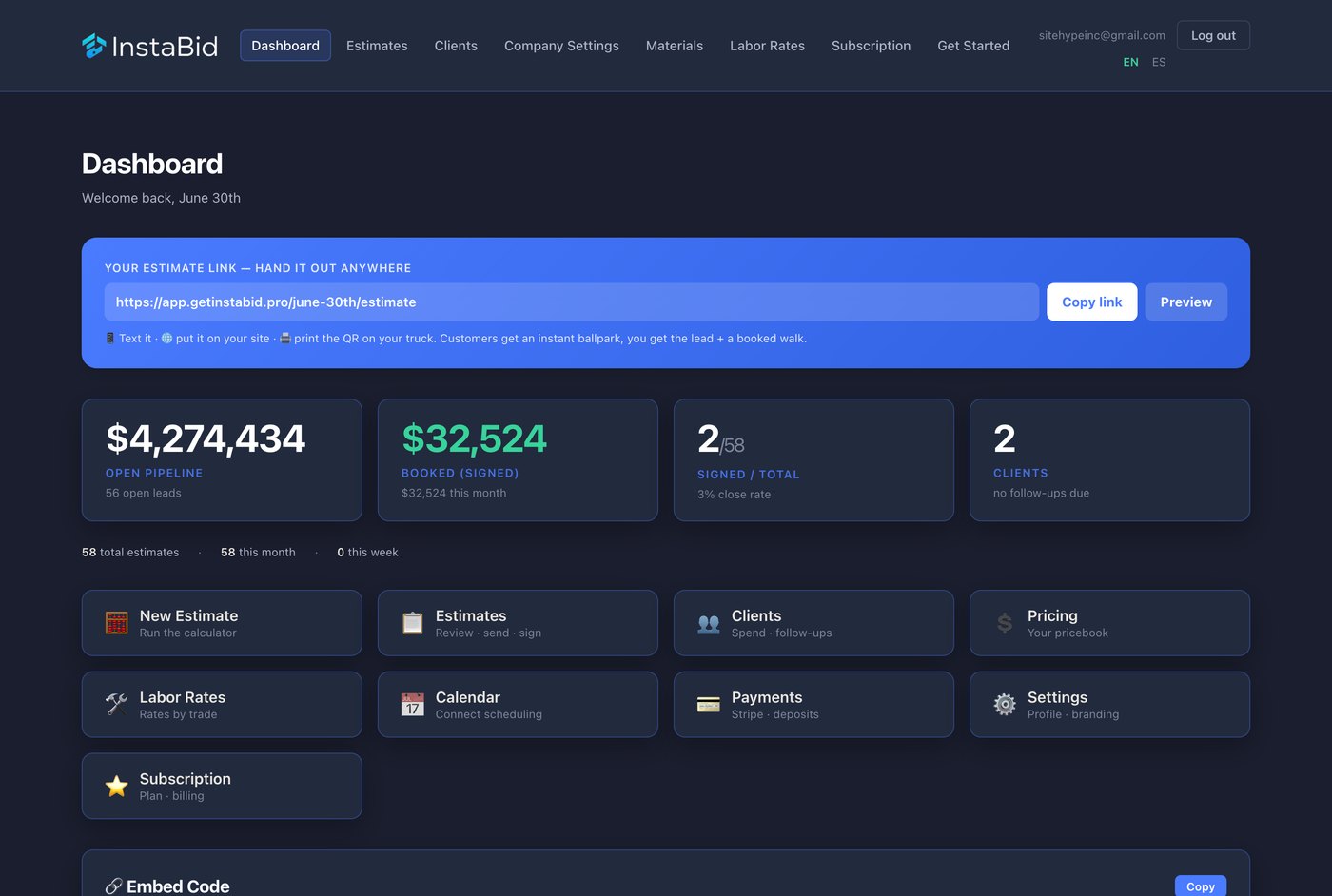 InstaBid contractor dashboard