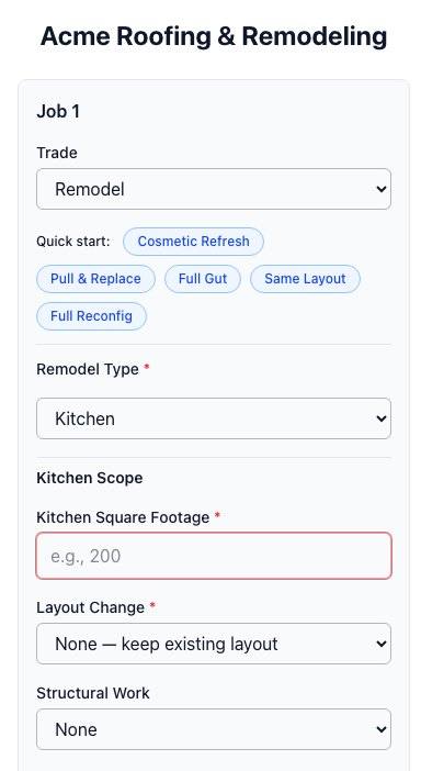 The InstaBid estimate form on a phone